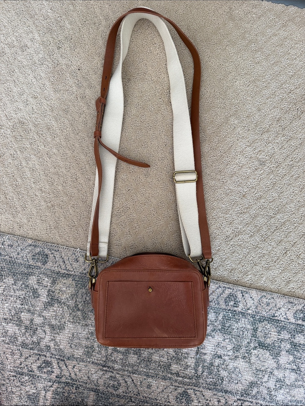 Classic Brown Leather Crossbody Bag with Adjustable Canvas Strap